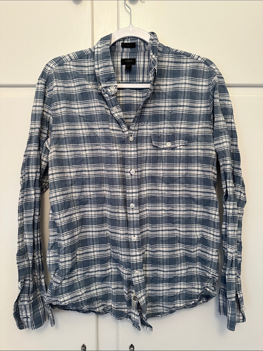 LIKE NEW J.Crew Slim Linen/Cotton Men’s Navy and White Plaid Button-Down Shirt